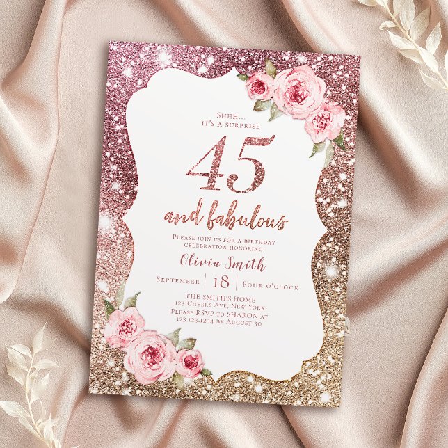 Gnistra ro guld glitter och blommigt 45-årsdagen inbjudningar (Sparkle rose gold glitter and floral 45th birthday invitation)