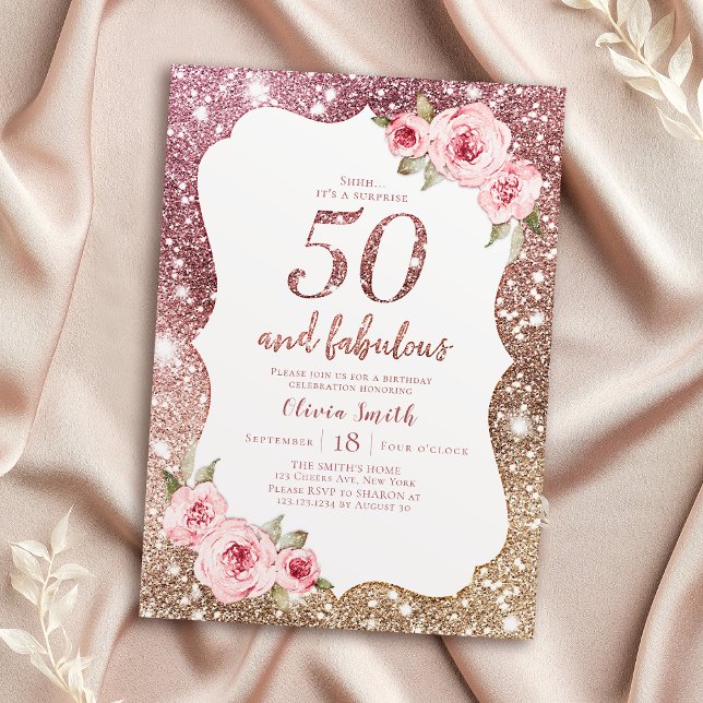 Gnistra ro guld glitter och blommigt 50-årsdagen inbjudningar (Sparkle rose gold glitter and floral 50th birthday invitation)