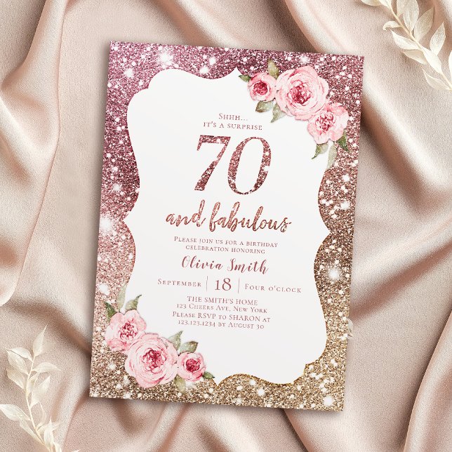 Gnistra ro guld glitter och blommigt 70-årsdagen inbjudningar (Sparkle rose gold glitter and floral 70th birthday invitation)