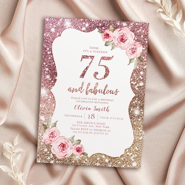 Gnistra ro guld glitter och blommigt 75:e födelsed inbjudningar (Sparkle rose gold glitter and floral 75th birthday invitation)