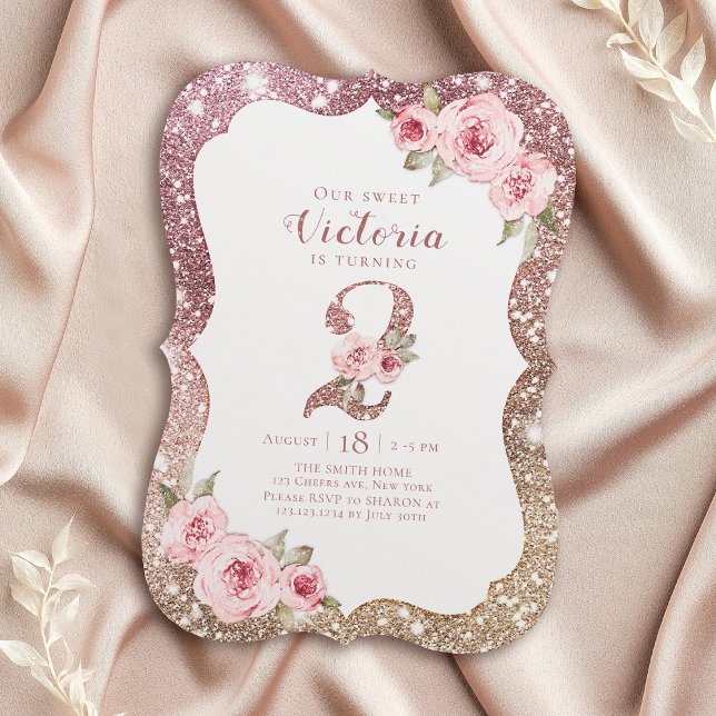 Gnistra ro guld glitter och blommigt Andra årsdage Inbjudningar (Sparkle rose gold glitter and floral 2nd birthday invitation)