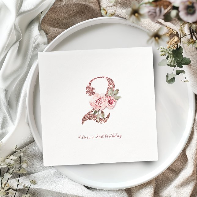 Gnistra ro guld glitter och blommigt Andra årsdage Pappersservett (Sparkle rose gold glitter and floral 2nd birthday napkins)