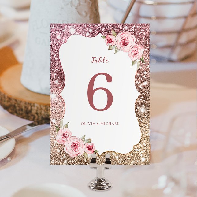 Gnistra ro guld glitter och blommigt Bröllop Bordsnummer (Sparkle rose gold glitter and floral Wedding Table Number card)