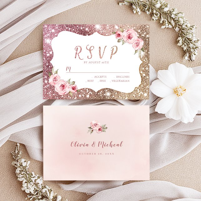 Gnistra ro guld glitter och blommigt bröllop OSA Kort (Sparkle rose gold glitter and floral wedding RSVP)