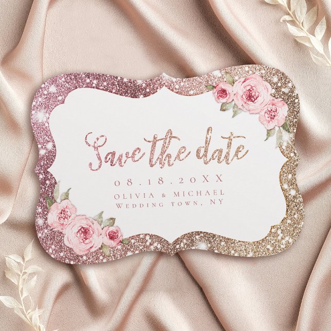 Gnistra ro guld glitter och blommigt Spara datum Datumet (Sparkle rose gold glitter and floral Save The Date)