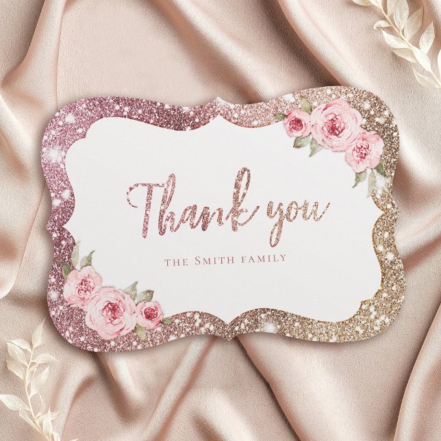 Gnistra, ro guld glitter och blommigt tack inbjudningar (Sparkle rose gold glitter and floral thank you invitation)