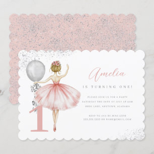 Gnistra Rosa Ballerina Första Födelsedagsfesten Inbjudningar