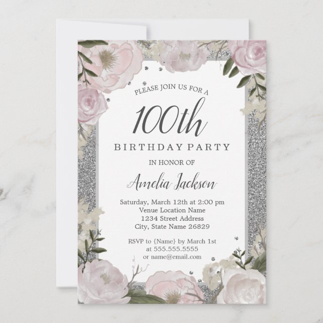 Gnistra Rosa Silver Blommigt 100:e Födelsedagsfest Inbjudningar (Framsida)