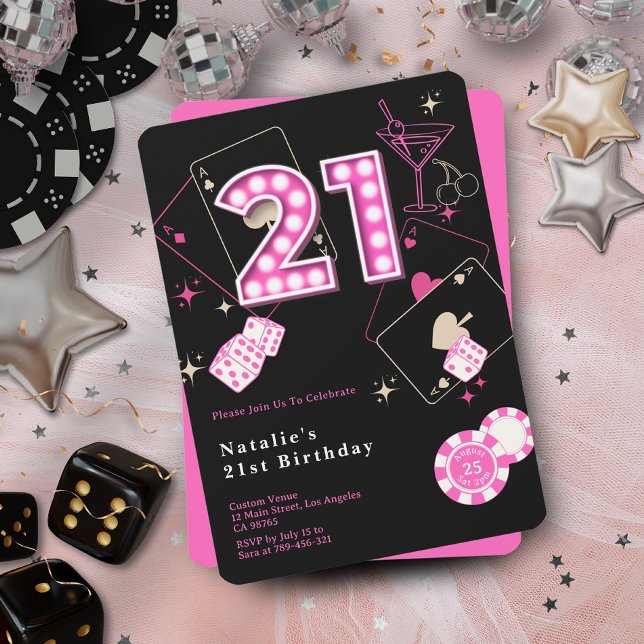 Gnistra Shock rosa Casino Dice & Chip 21:a födelse Inbjudningar (Sparkle Hot Pink Casino Dice & Chips 21st Birthday Invitation)