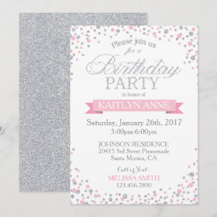 Gnistra Silver Glitter och Rosa Sprinkles födelsed Inbjudningar