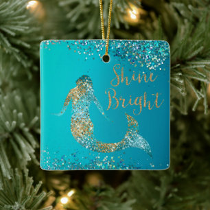 Gnistra Sjöjungfru i Aqua Guld Glitter Julgransprydnad Keramik