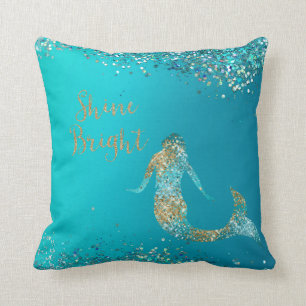 Gnistra Sjöjungfru i Aqua Guld Glitter  Kudde