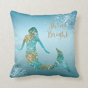 Gnistra Sjöjungfru i Aqua Guld Glitter Kudde