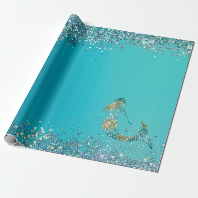 Gnistra Sjöjungfru i Aqua Guld Glitter      Presentpapper (Utrullad)
