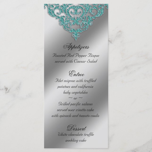 Gnistra Teal Blue - Damask Wedding Menu-kort Meny (Framsida)