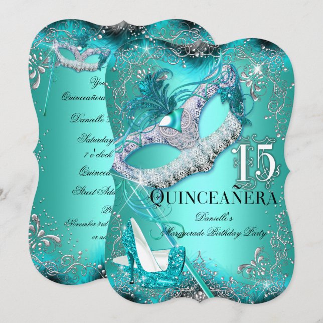 Gnistra Teal MasqueraQuinceanera Birthday Inbjudningar (Fram/baksida)