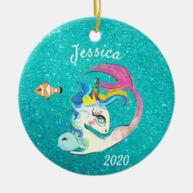 Gnistra Teal Sjöjungfru Unicorn Personlig glitter Julgransprydnad Keramik (Framsidan)