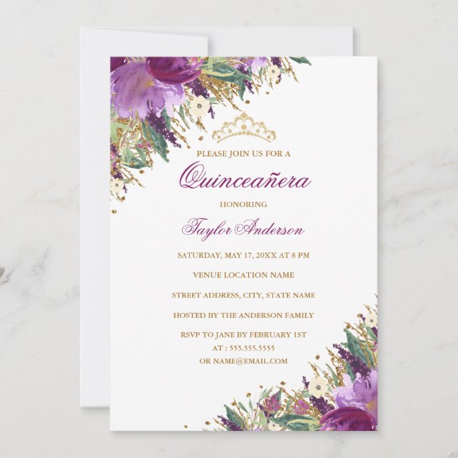 Gnistra Tiara Amethyst Lila Blommigt Quinceanera Inbjudningar (Framsida)
