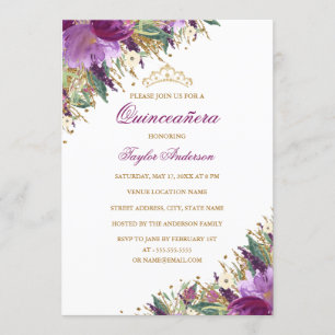 Gnistra Tiara Amethyst Lila Blommigt Quinceanera Inbjudningar
