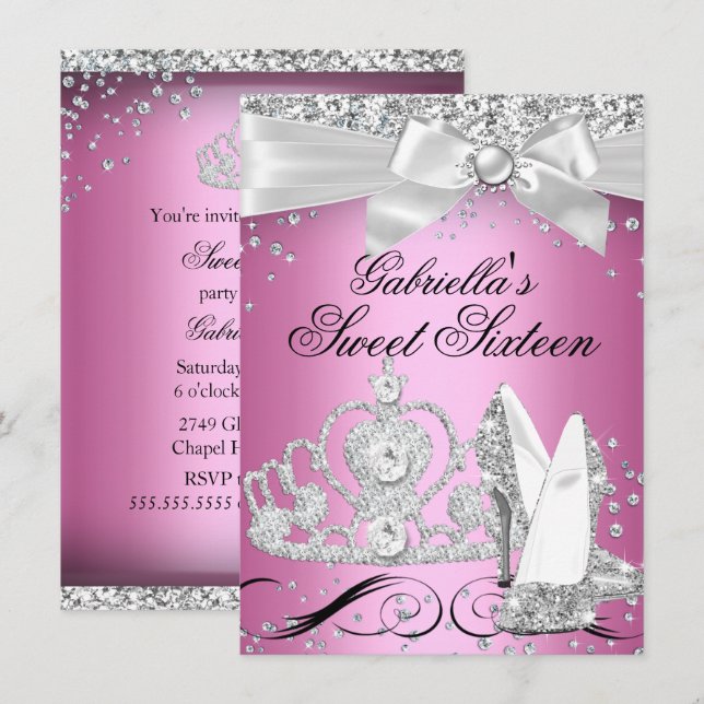 Gnistra Tiara Heels Rosa Sweet 16 Inbjudningar (Fram/baksida)