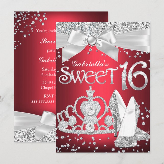 Gnistra Tiara Heels Sweet 16 Inbjudan Red (Fram/baksida)