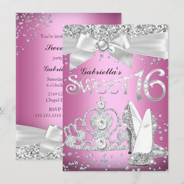 Gnistra Tiara & Heels Sweet 16 Inbjudan Rosa (Fram/baksida)