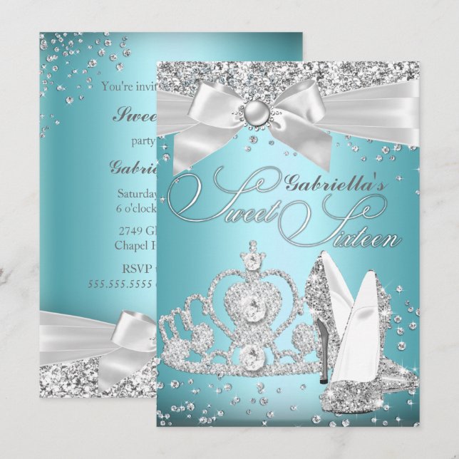 Gnistra Tiara & Heels Sweet sixteen Blue Inbjudningar (Fram/baksida)