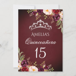 Gnistra Tiara Silver Burgundy Blommigt Quinceanera Inbjudningar