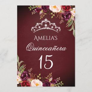 Gnistra Tiara Silver Burgundy Blommigt Quinceanera Inbjudningar