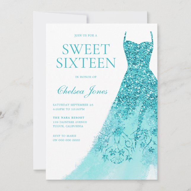 Gnistra Turkos Dress Sweet 16 Party Inbjudningar (Framsida)