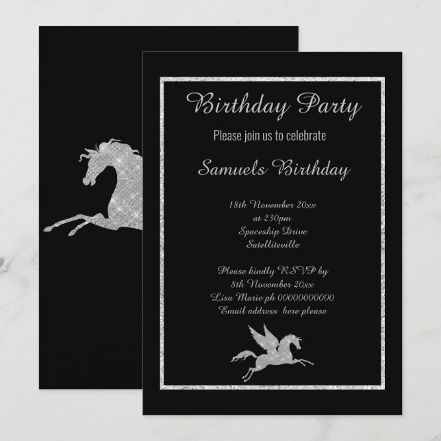 Gnistra Unicorn Black Background Birday Inbjudningar (Fram/baksida)