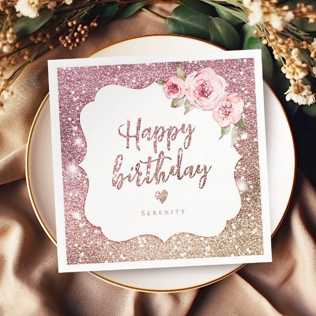 Gnistra vid guld vid blommigten vid glitter vid ro pappersservett (Sparkle rose gold glitter floral happy birthday napkins)