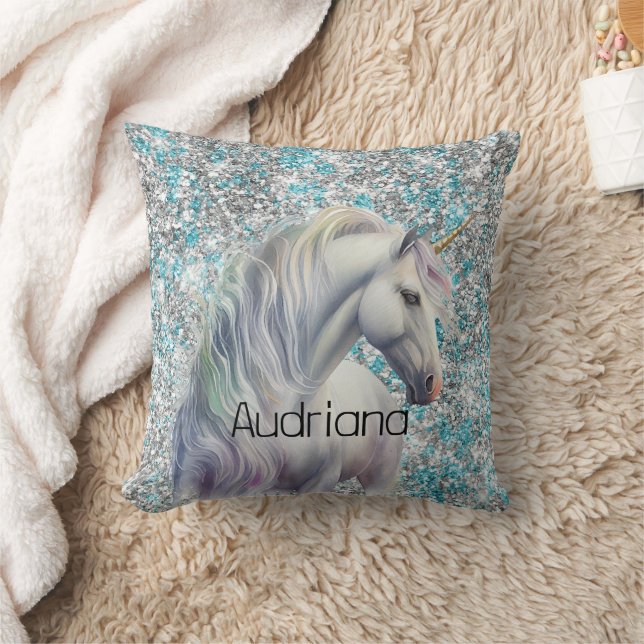 Gnistran Aqua Silver Unicorn Glitter Kudde (Filt)