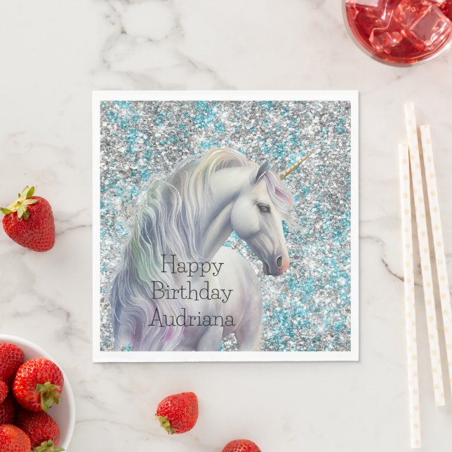 Gnistran Aqua Silver Unicorn Glitter Pappersservett (Insitu)