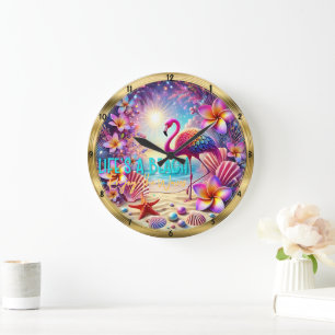 Gnistran Beach Flamingo Flowers Stor Klocka
