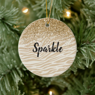Gnistran Cream Guld Faux Glitter Zebra tryck Julgransprydnad Keramik