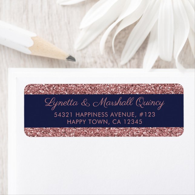 Gnistran elegant Navy Blue Ro Guld Glitter Returadress Etikett (Insitu)