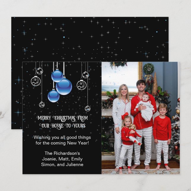 Gnistran Foton till silver och blå julprydnad Julkort (Fram/baksida)