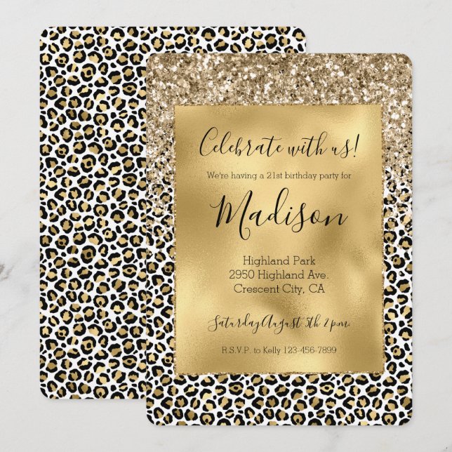 Gnistran Girly Glam Guld Leopard Skriv ut Glitter Inbjudningar (Fram/baksida)