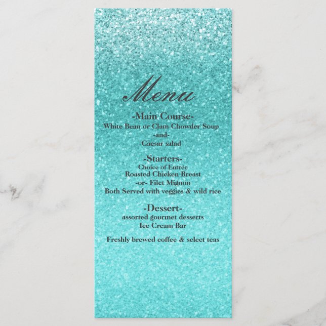 Gnistran Glam Party Menu i Aqua Sea Blue Glitter Meny (Framsida)