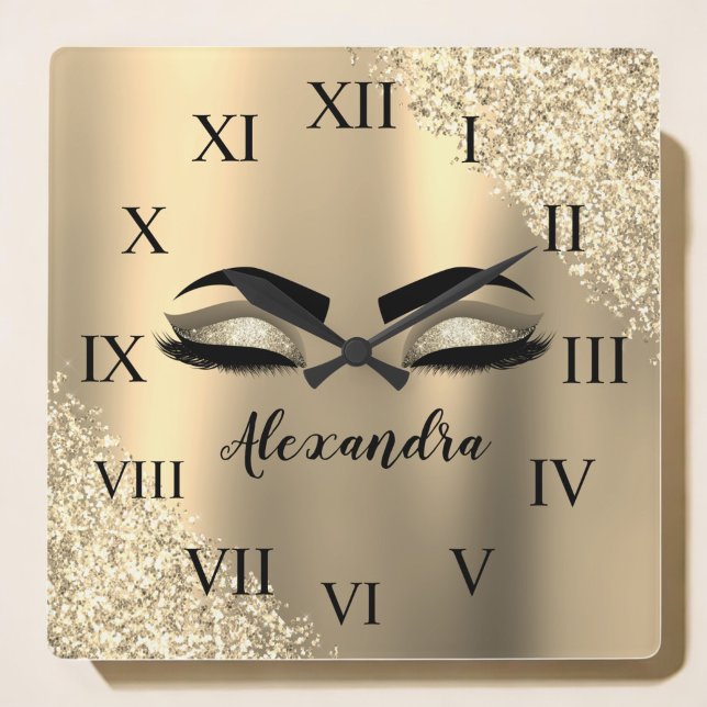Gnistran Guld Eyelash Monogram Namn Fyrkantig Klocka (Skapare uppladdad)