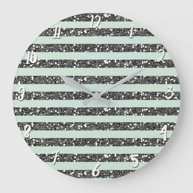 Gnistran Mety Mint Grönt & Silver Glitter Rand Stor Klocka (Framsida)