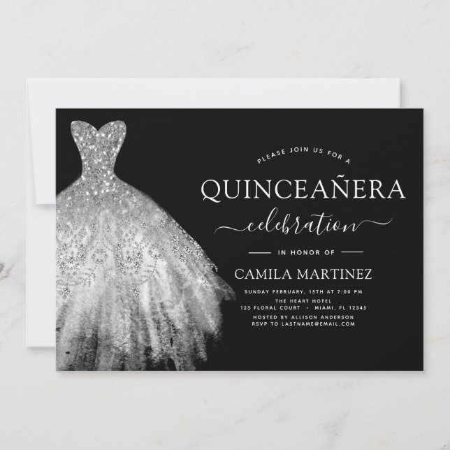 Gnistran Quinceanera Black och Silver Glitter Inbjudningar (Framsida)