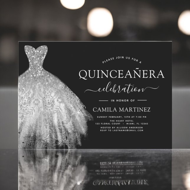 Gnistran Quinceanera Black och Silver Glitter Inbjudningar (Skapare uppladdad)