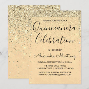 Gnistran Quinceanera i Guld Girly Glitter Inbjudningar