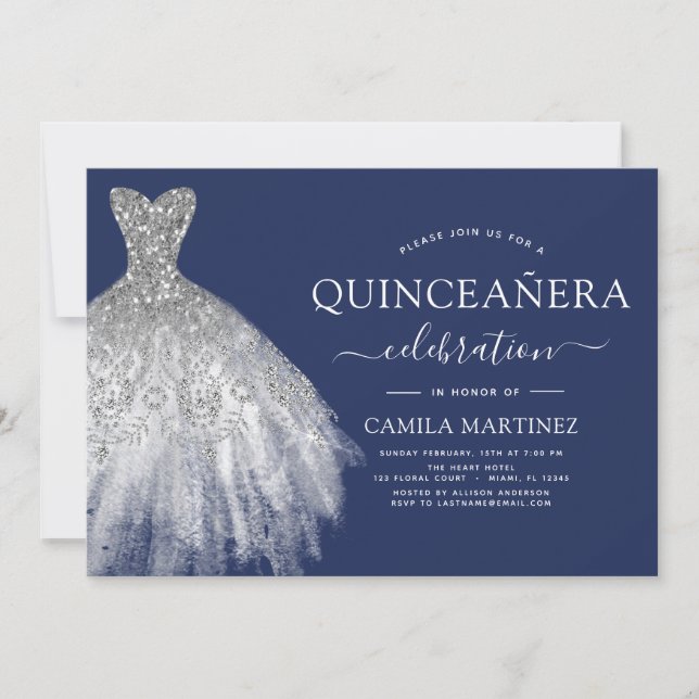 Gnistran Quinceanera Navy Blue Silver Glitter Inbjudningar (Framsida)