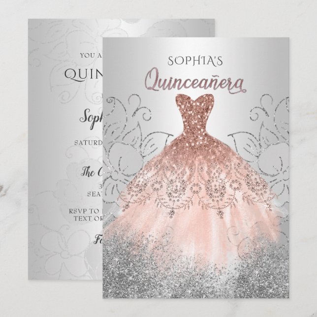 Gnistran Quinceañera Quince silver Guld Inbjudningar (Fram/baksida)