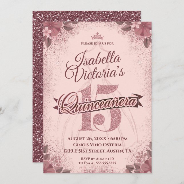 Gnistran Quinceanera Ro Guld Glitter Inbjudningar (Fram/baksida)