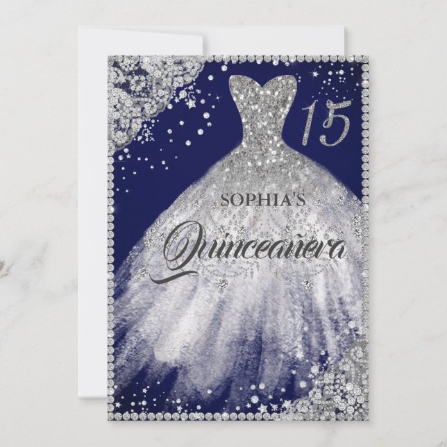 Gnistran Quinceanera Silver Diamond Snöre Inbjudningar (Framsida)