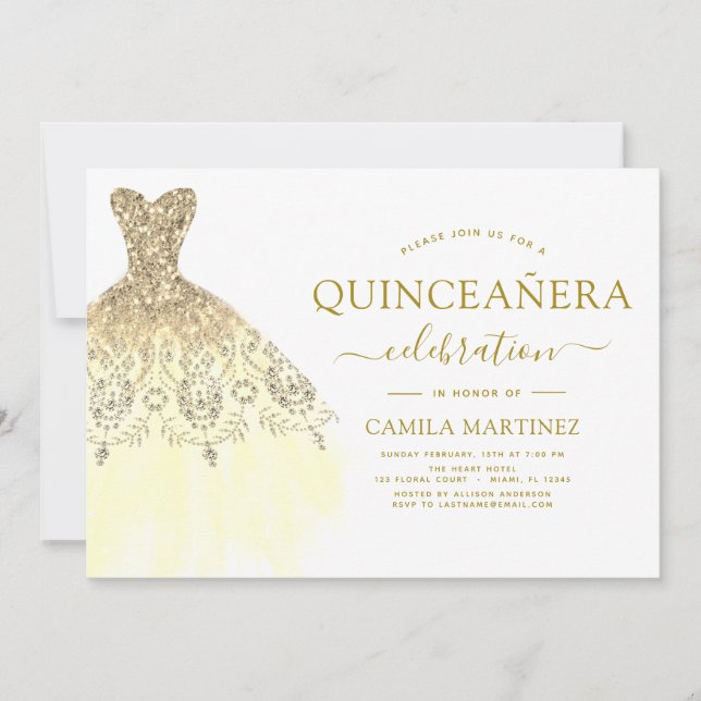 Gnistran Quinceanera White och Guld Glitter Inbjudningar (Framsida)